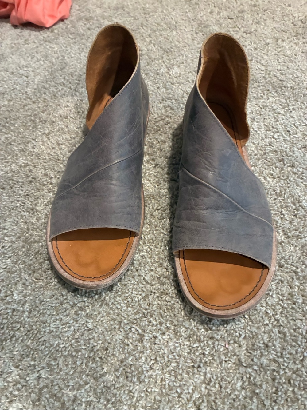 Free People Open-Toe Leather Ankle Booties in Gray and Tan